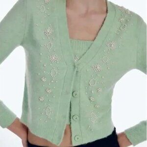 Zara Pearl Embellished Button Front Long Sleeve Cardigan Sweater Green Medium